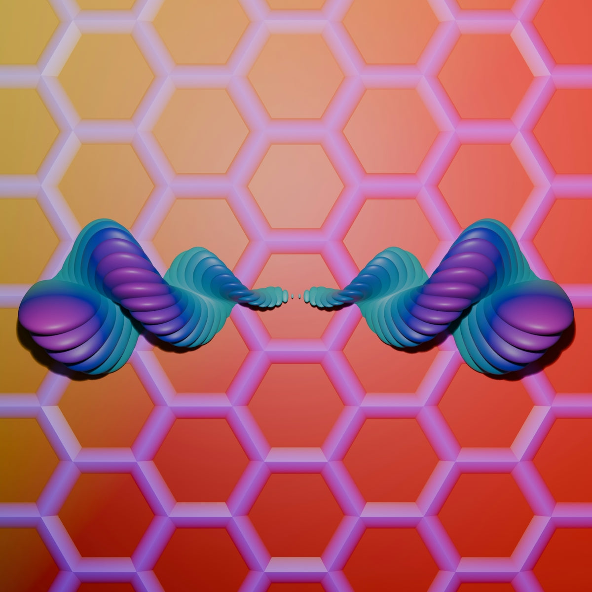 Two colorful twisted ribbons on honeycomb background